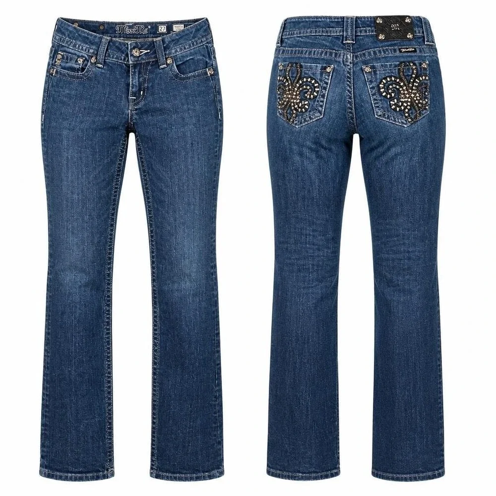 Miss Me Jeans Womens 27 Blue Rhinestone Y2K Bling Western Fleur de Lis Cowgirl